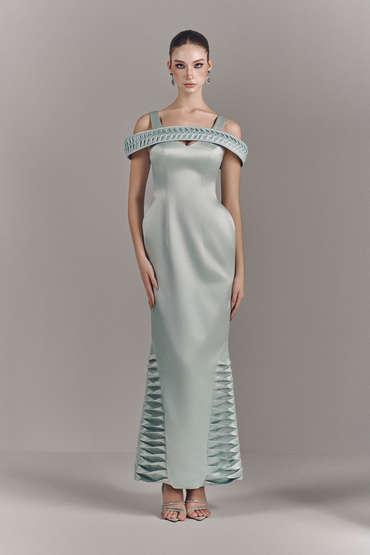 Virelle Bardot Maxi Dress With Ripples Hem