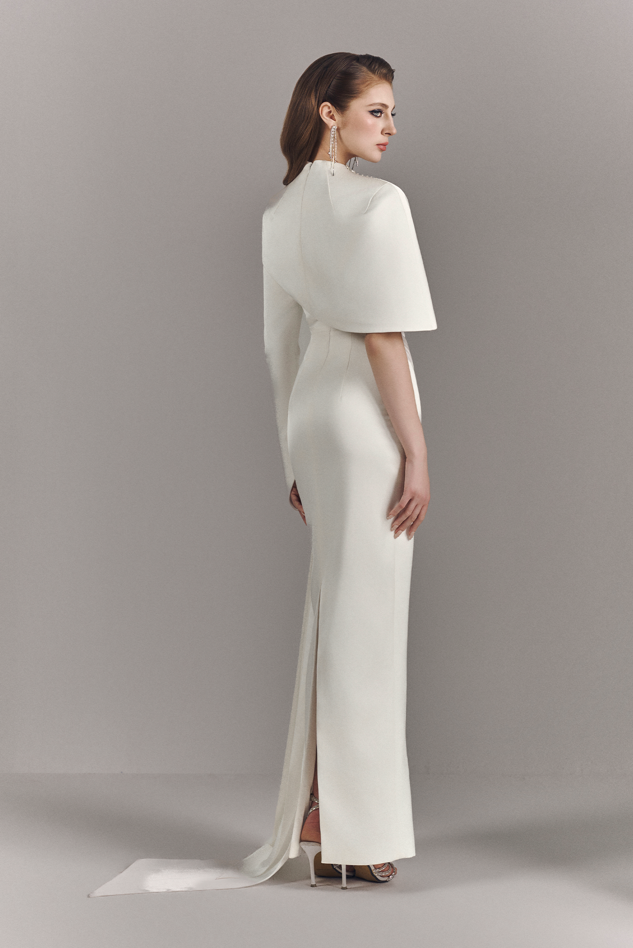 Alessira High Neckline Maxi Dress With Asymmetric Cape