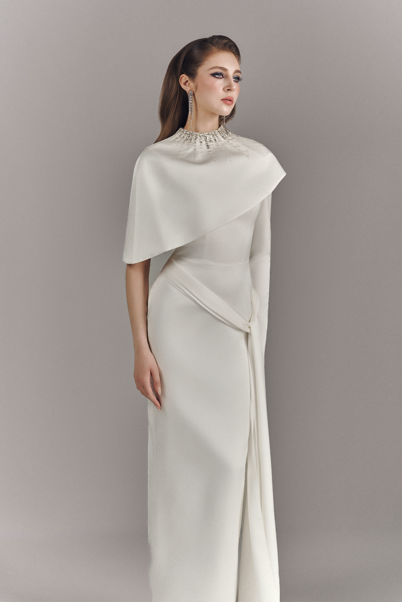 Alessira High Neckline Maxi Dress With Asymmetric Cape