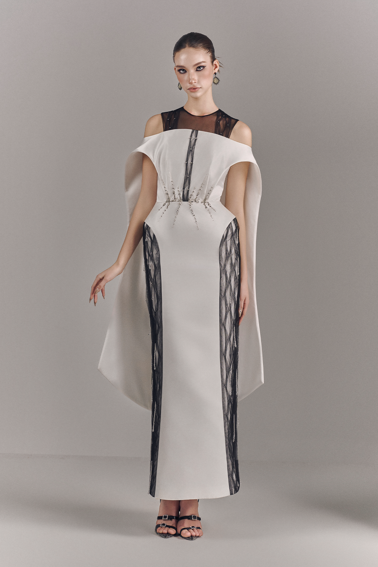 Valerise Embellished Mesh Maxi Dress With Cape