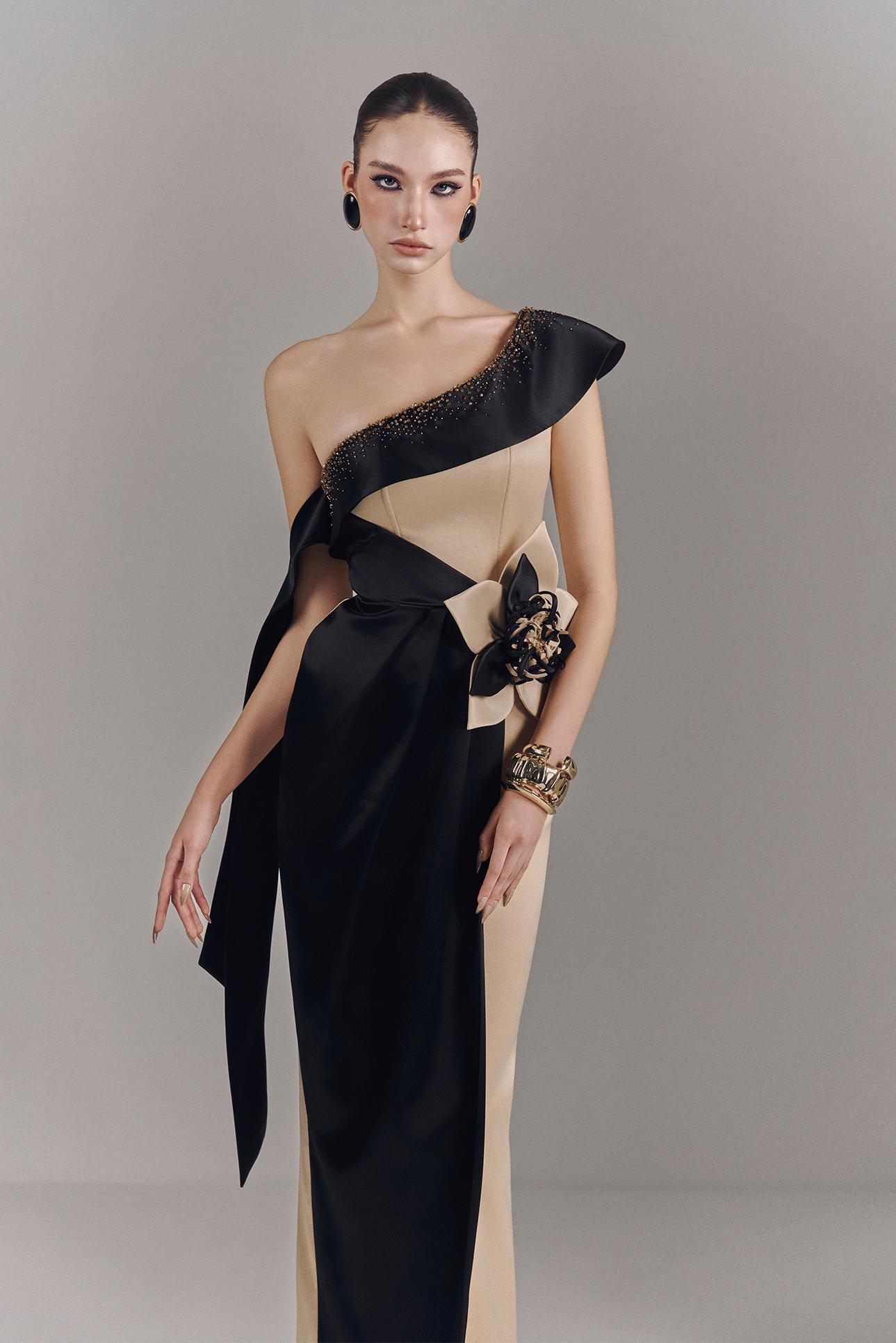 Veloria Draped Maxi Dress with 3D Floral Embellishment