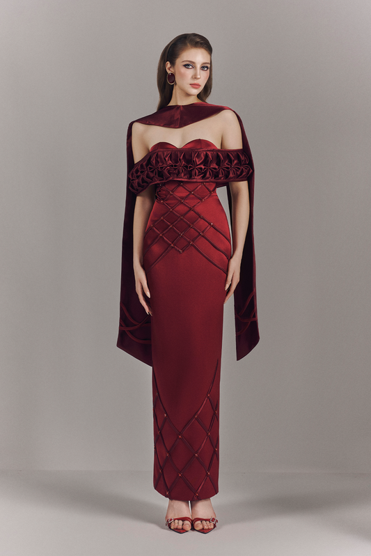 Aurelia Off Shoulder Hand-Smocked Maxi Dress With Neck Scarf
