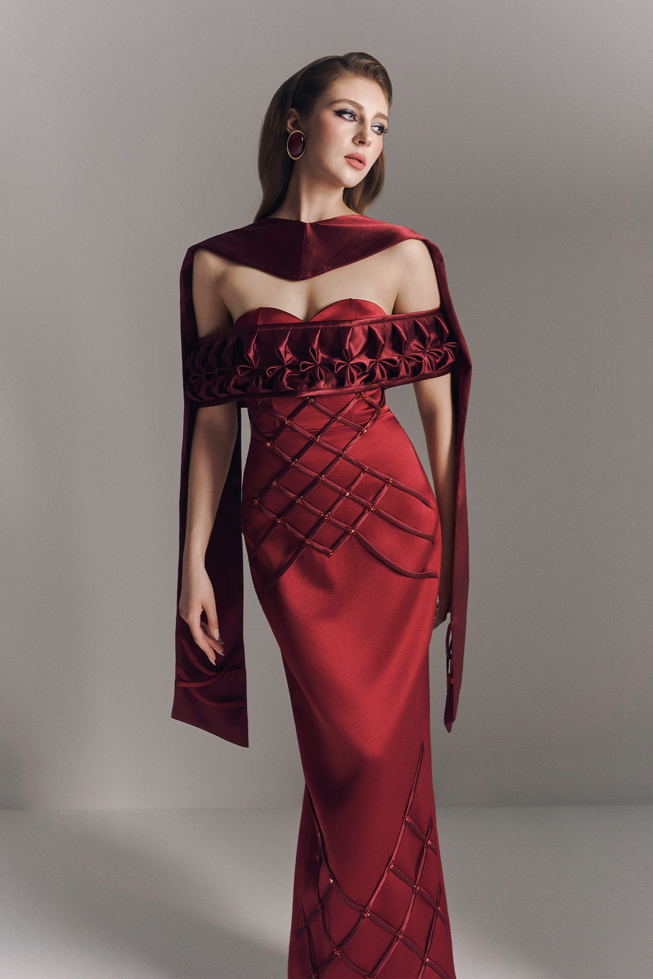 Aurelia Off Shoulder Hand-Smocked Maxi Dress With Neck Scarf