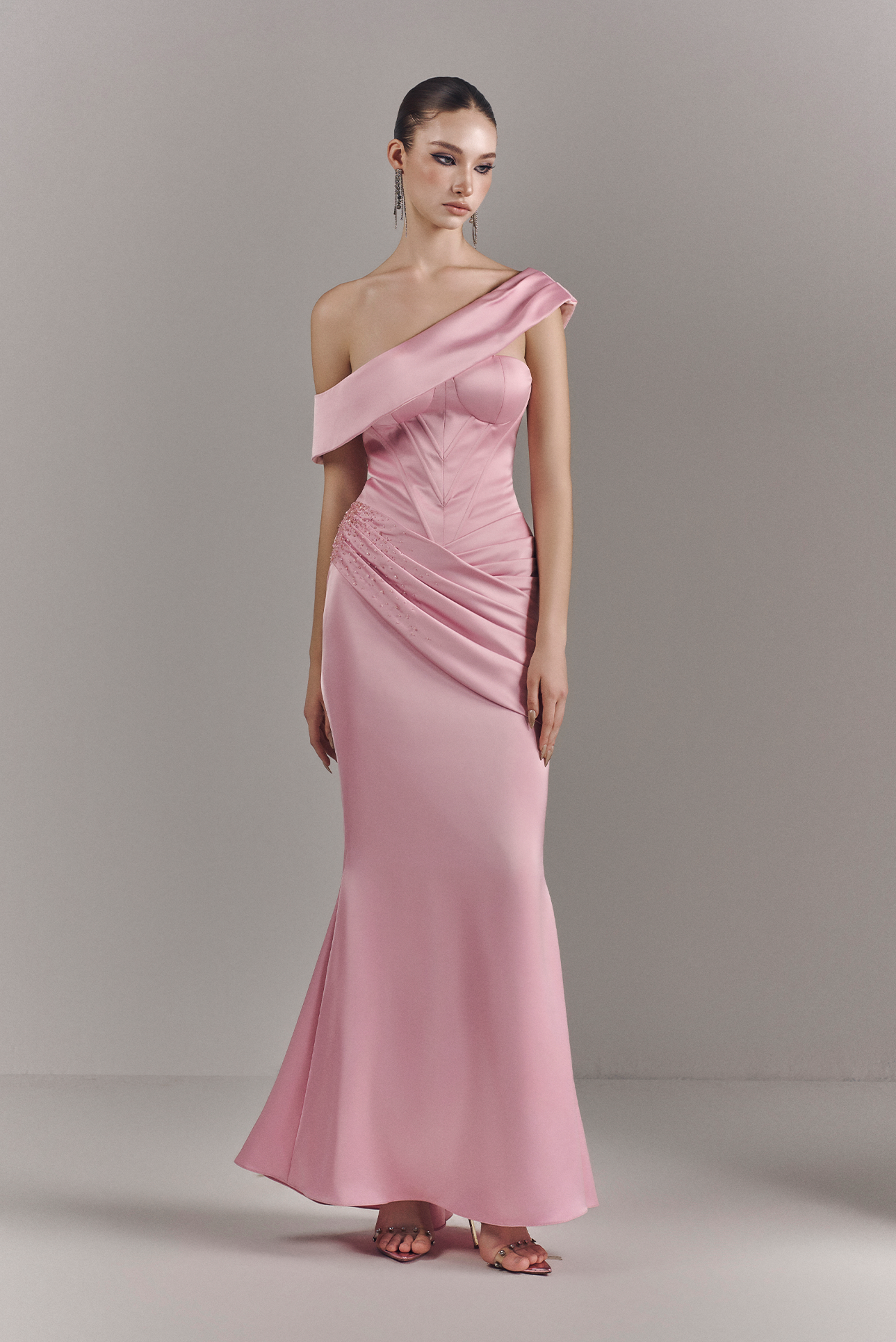 Mira Asymmetric Off Shoulder Draped Maxi Dress
