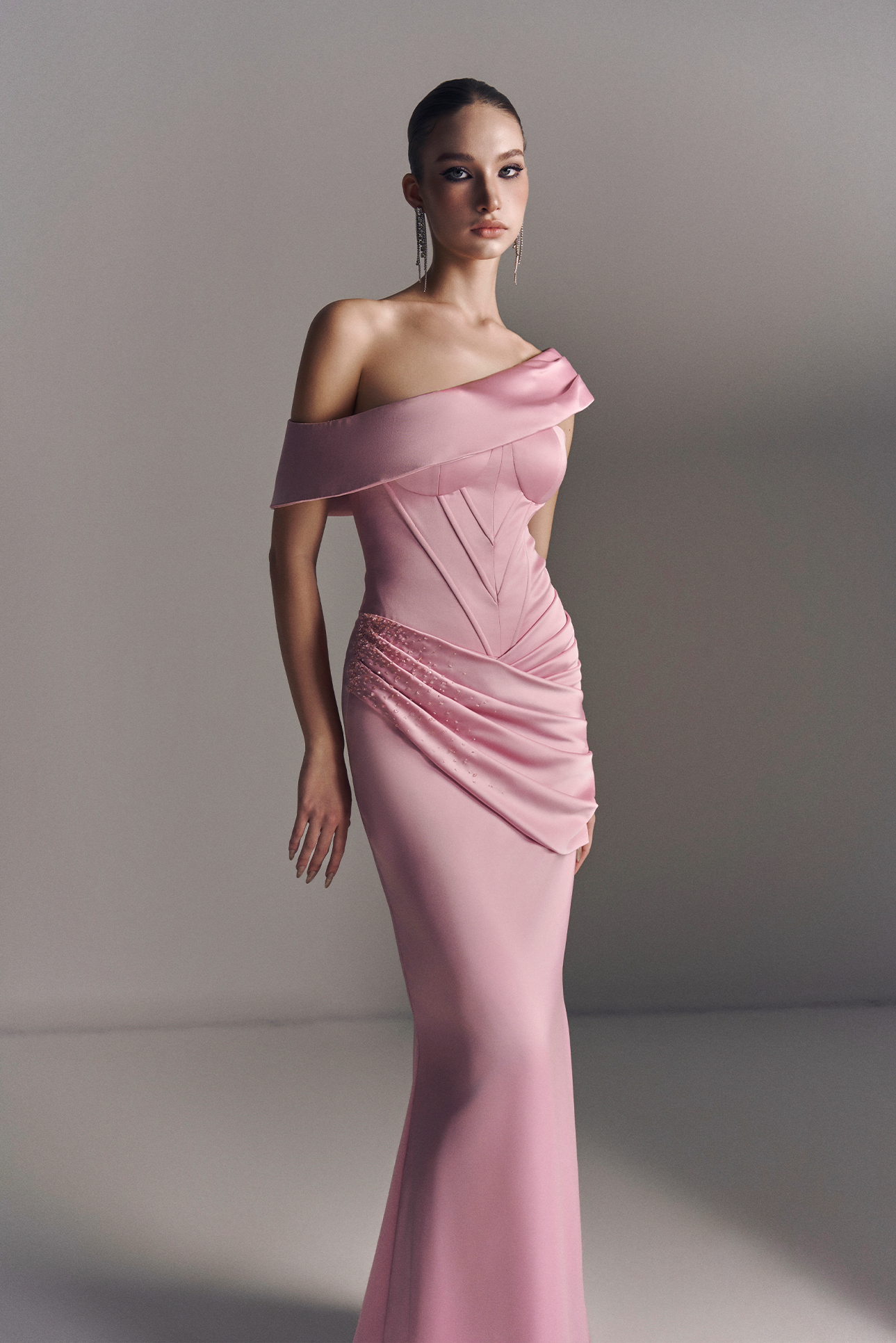 Mira Asymmetric Off Shoulder Draped Maxi Dress